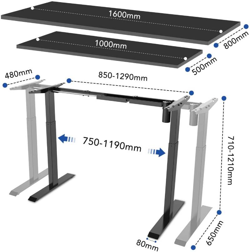 dimensions du bureau réglable sanodesk EZ1B